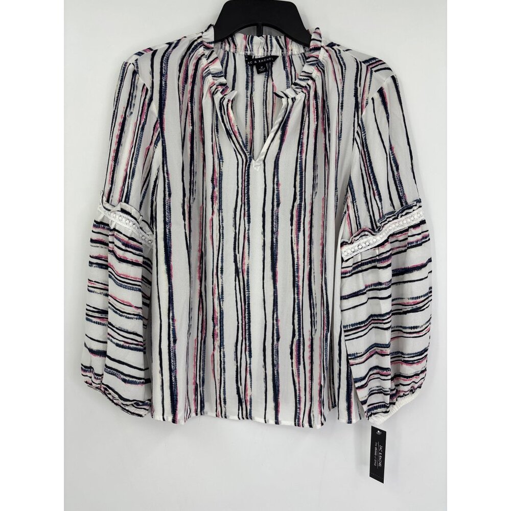 Zac & Rachel Striped Ruffle V-Neck Long Sleeve Blouse Pink Blue Medium New